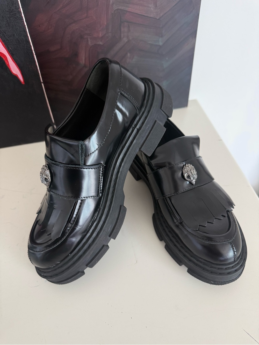 KURT GEIGER LONDON Black Chunky Leather Kiltie Loafers